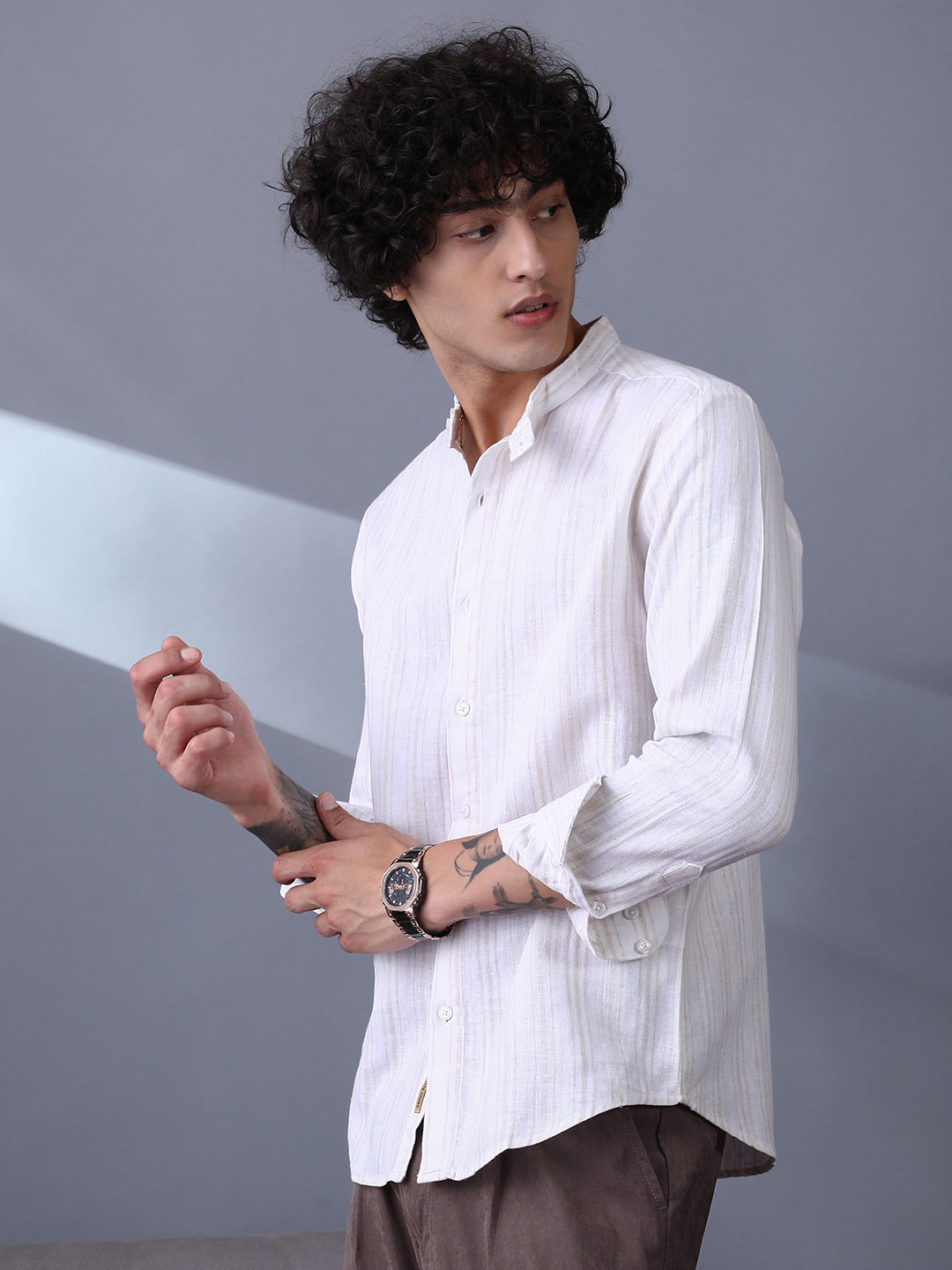 Striped Extended-Band Collar Shirt