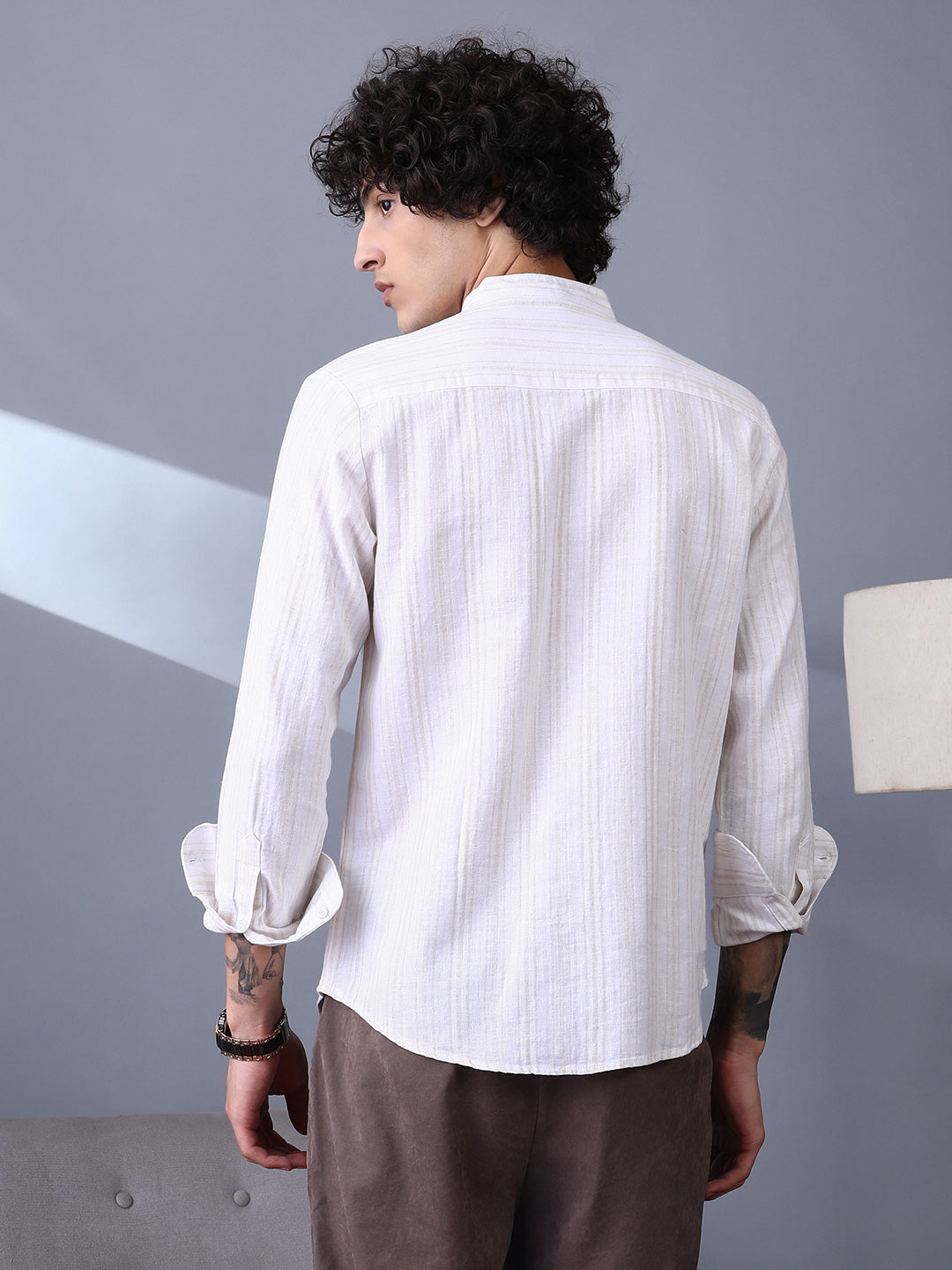 Striped Extended-Band Collar Shirt