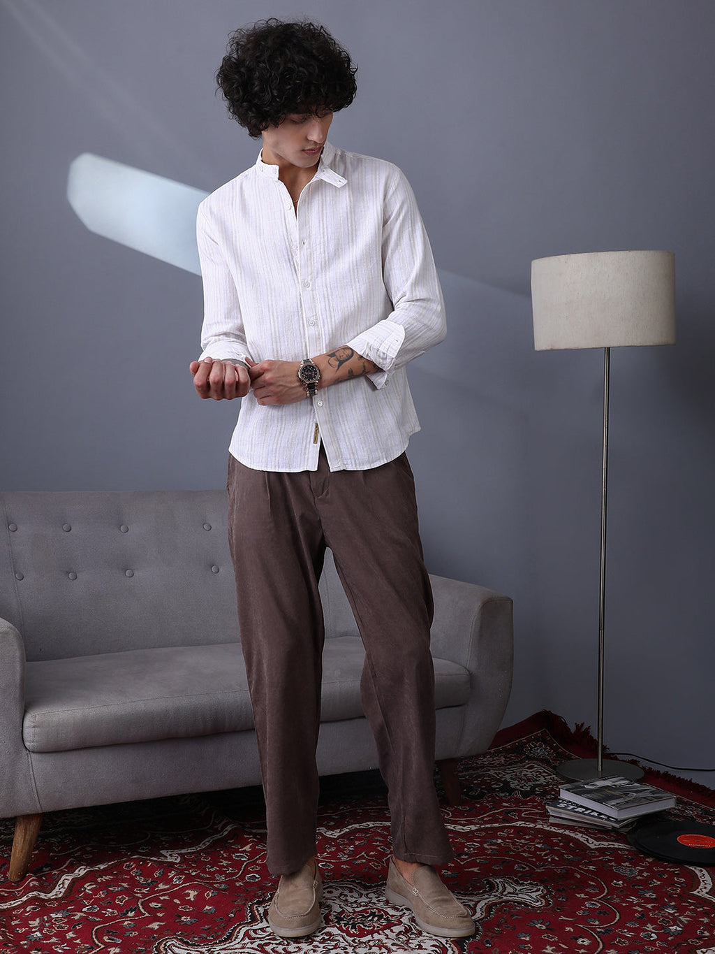 Striped Extended-Band Collar Shirt