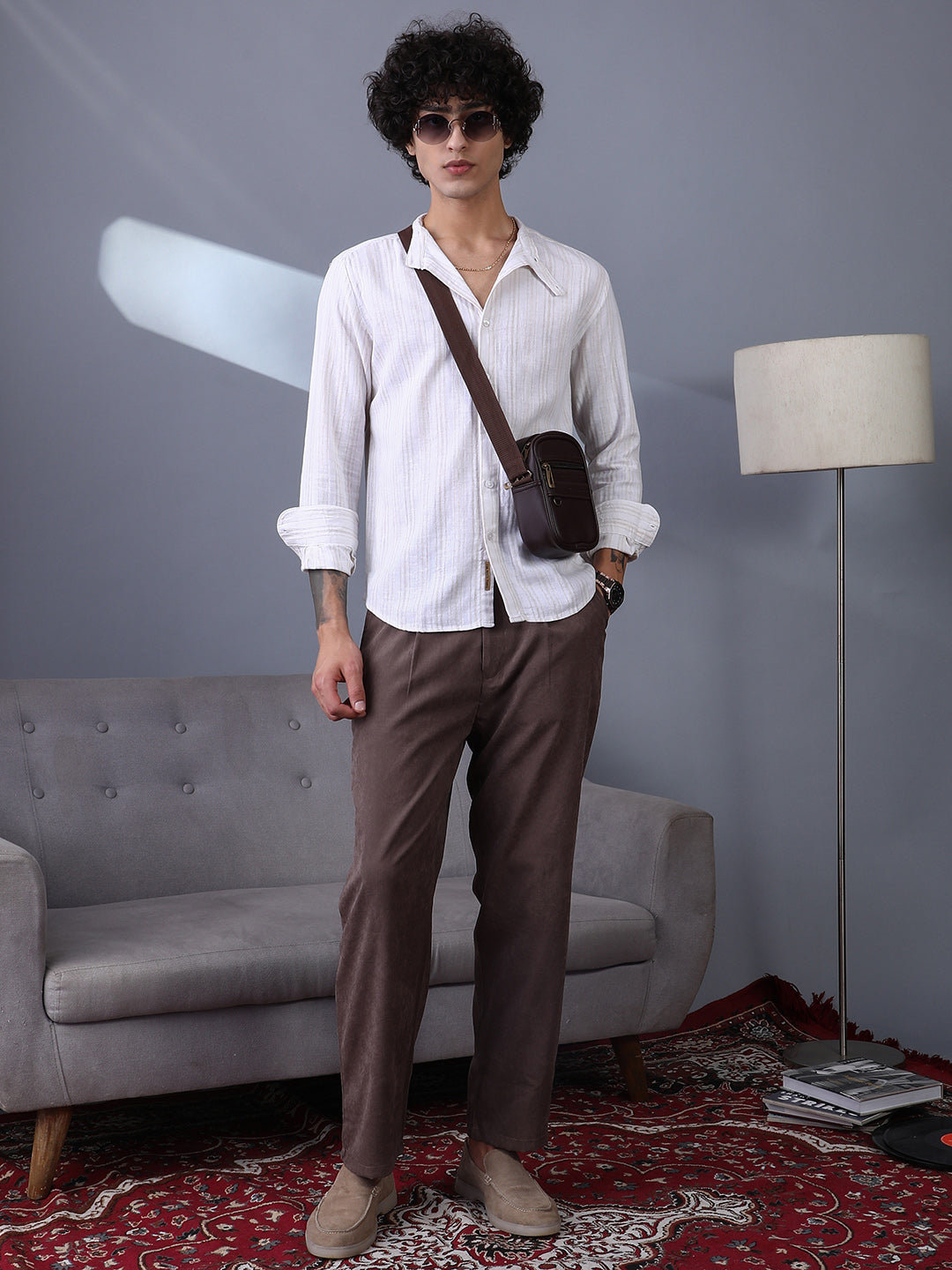 Striped Extended-Band Collar Shirt