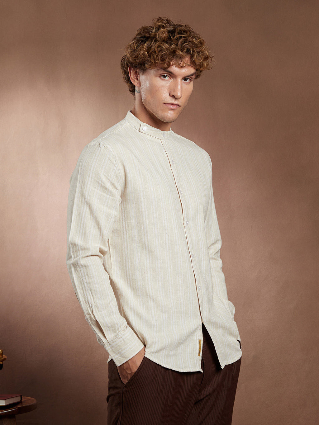 Striped Extended-Band Collar Shirt