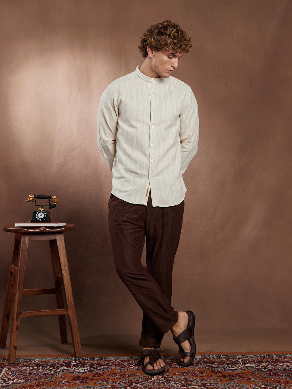 Striped Extended-Band Collar Shirt