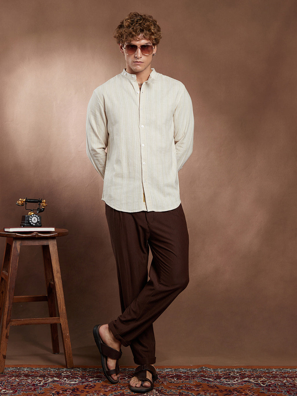 Striped Extended-Band Collar Shirt