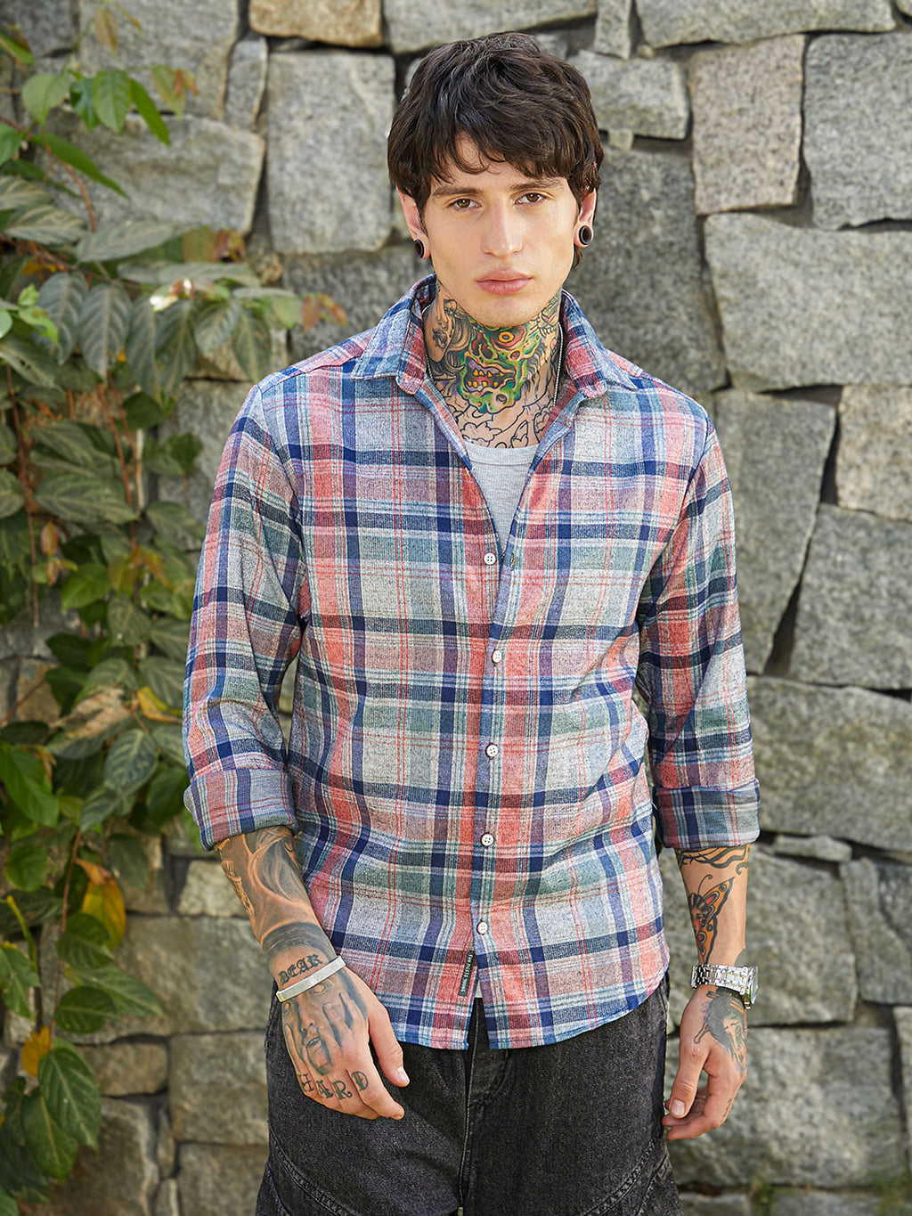 Ribbed-Plaid Relaxed Shirt