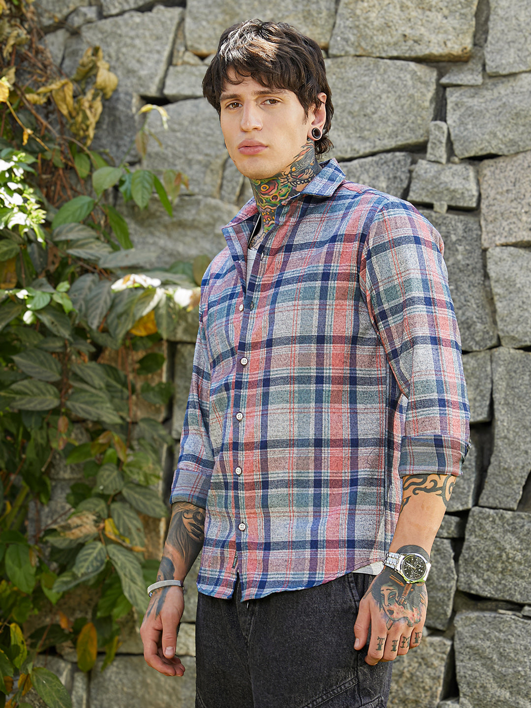 Ribbed-Plaid Relaxed Shirt