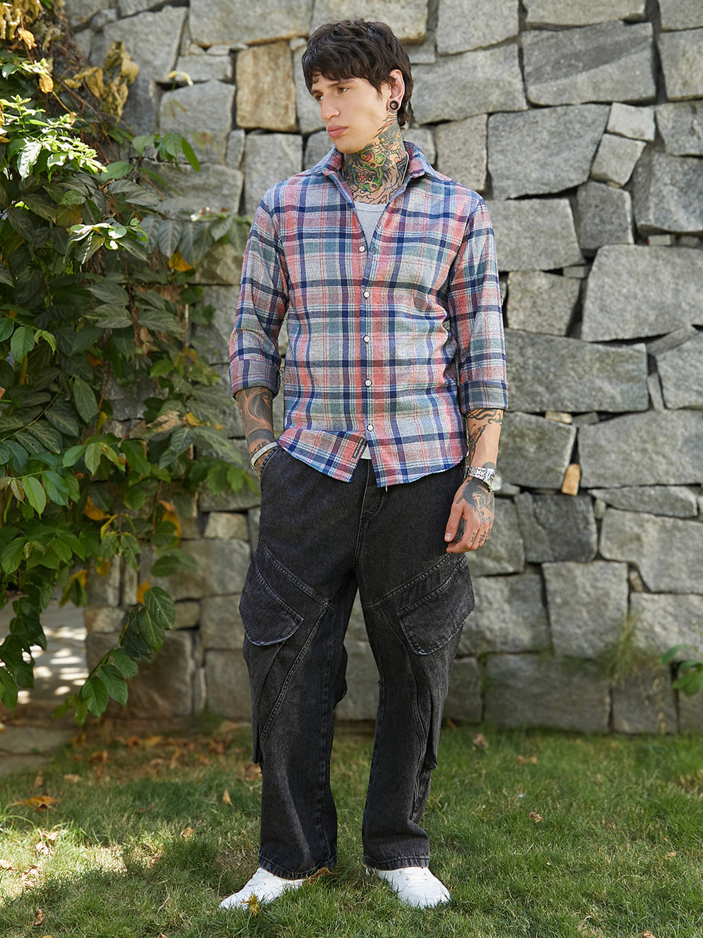 Ribbed-Plaid Relaxed Shirt