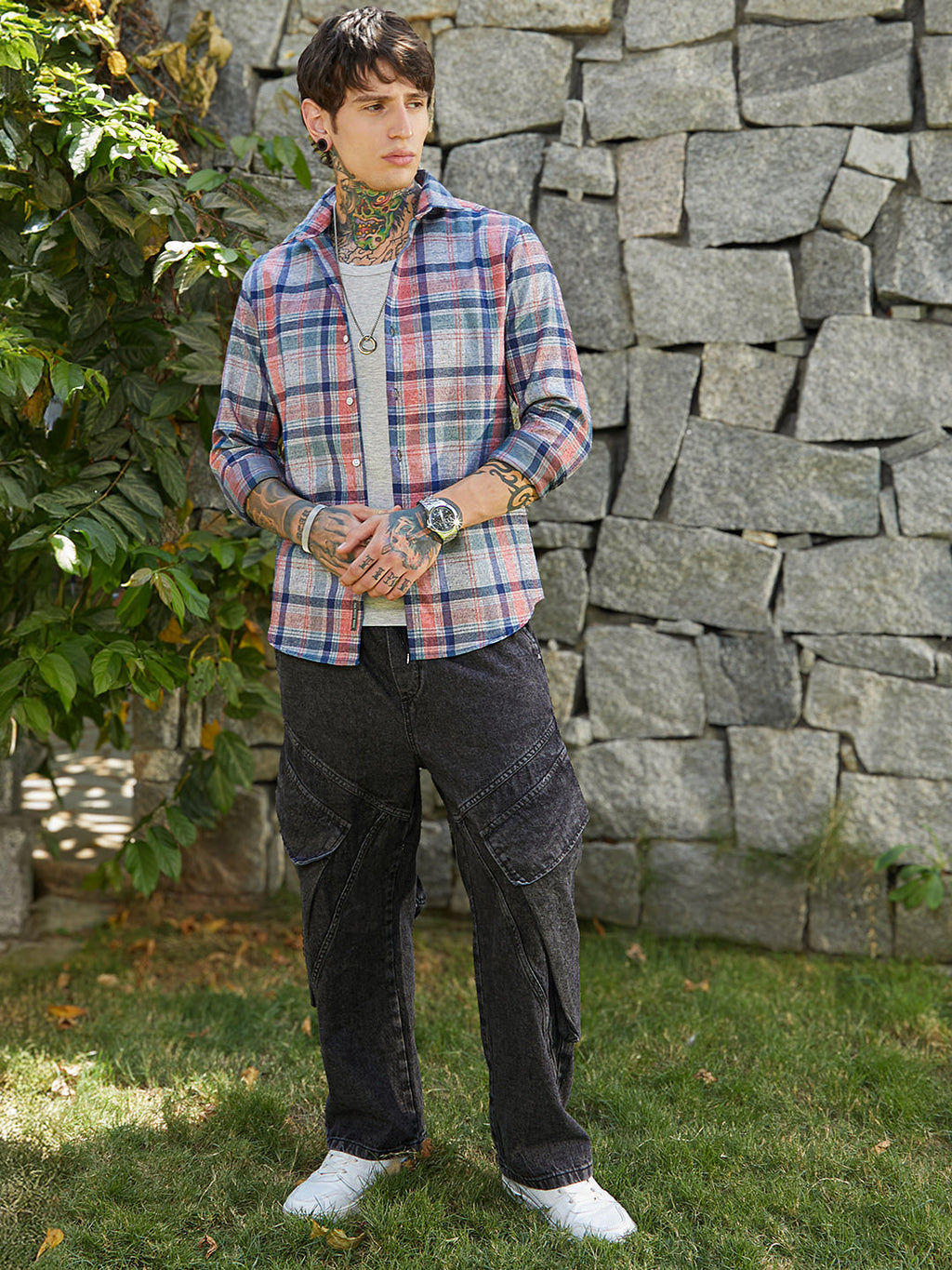 Ribbed-Plaid Relaxed Shirt