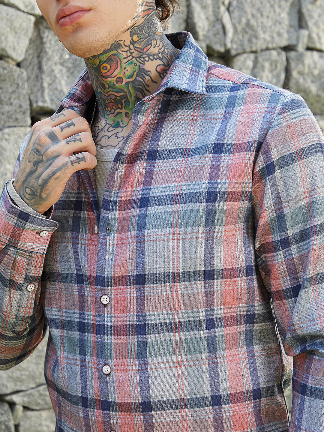 Ribbed-Plaid Relaxed Shirt