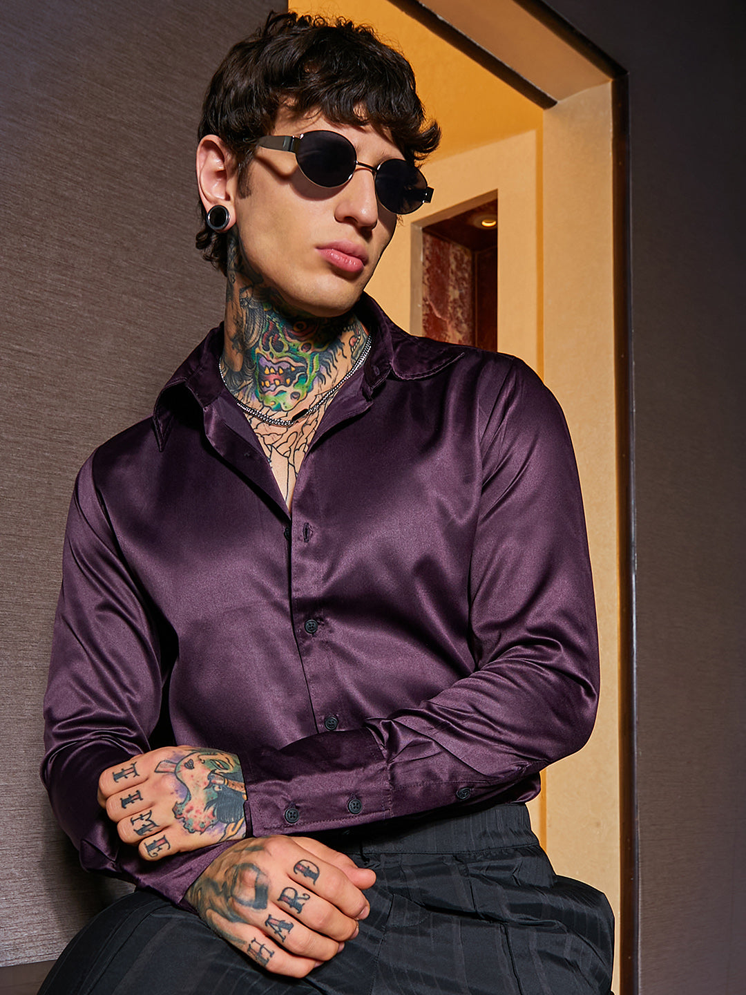 ₹899 | Campus Sutra Mens's Grape Purple Solid Satin Shirt