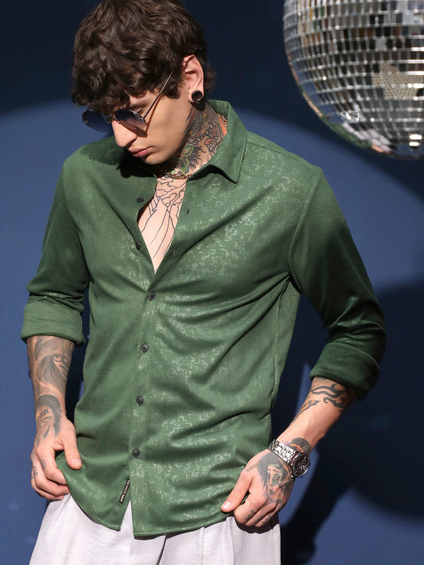 Men's Forest Green Corroded Tactile Shirt showing unique weathered fabric texture and regular fit