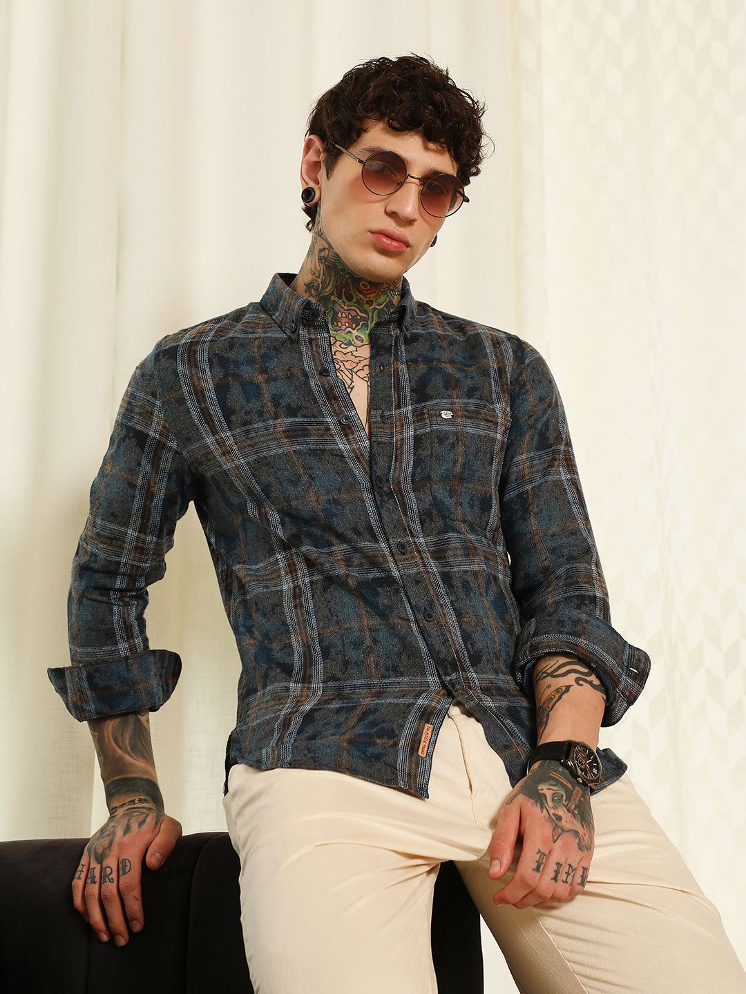 Blue Plaid Cotton Blend Slim Fit Shirt