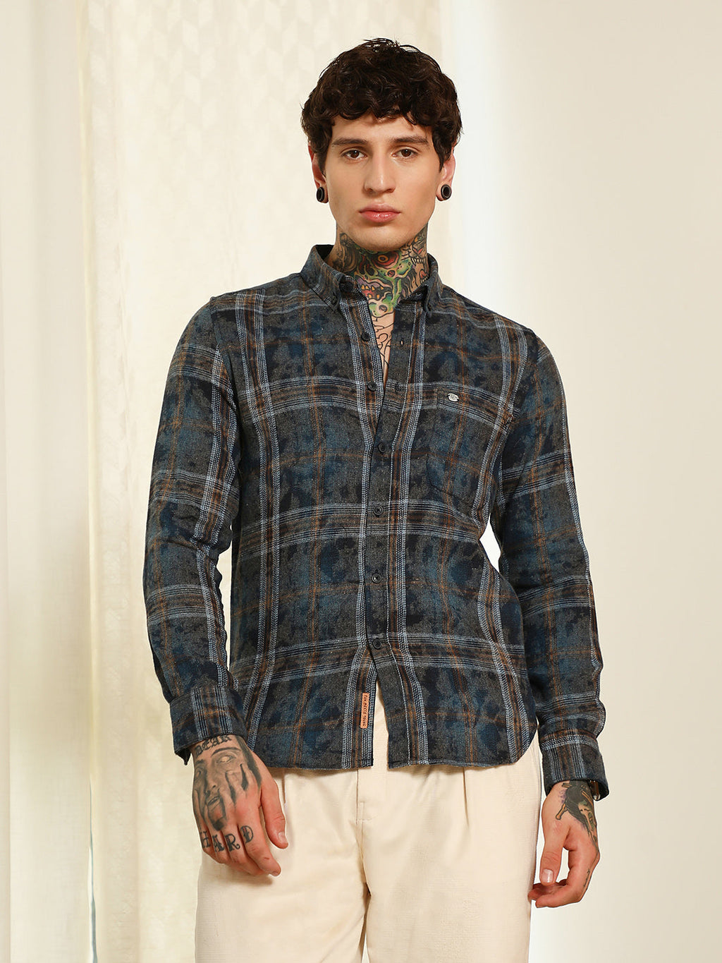 Blue Plaid Cotton Blend Slim Fit Shirt