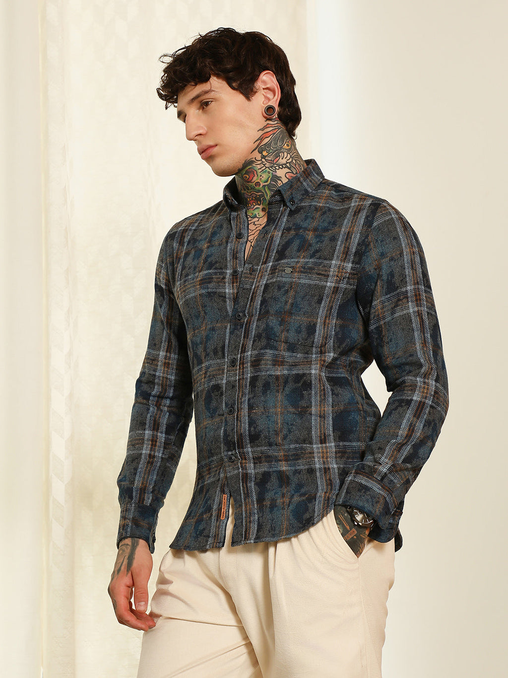 Blue Plaid Cotton Blend Slim Fit Shirt