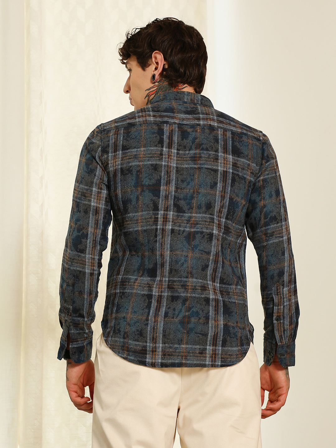 Blue Plaid Cotton Blend Slim Fit Shirt
