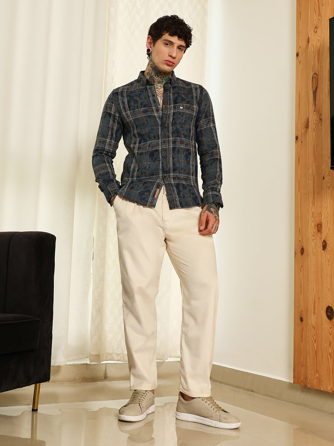 Blue Plaid Cotton Blend Slim Fit Shirt