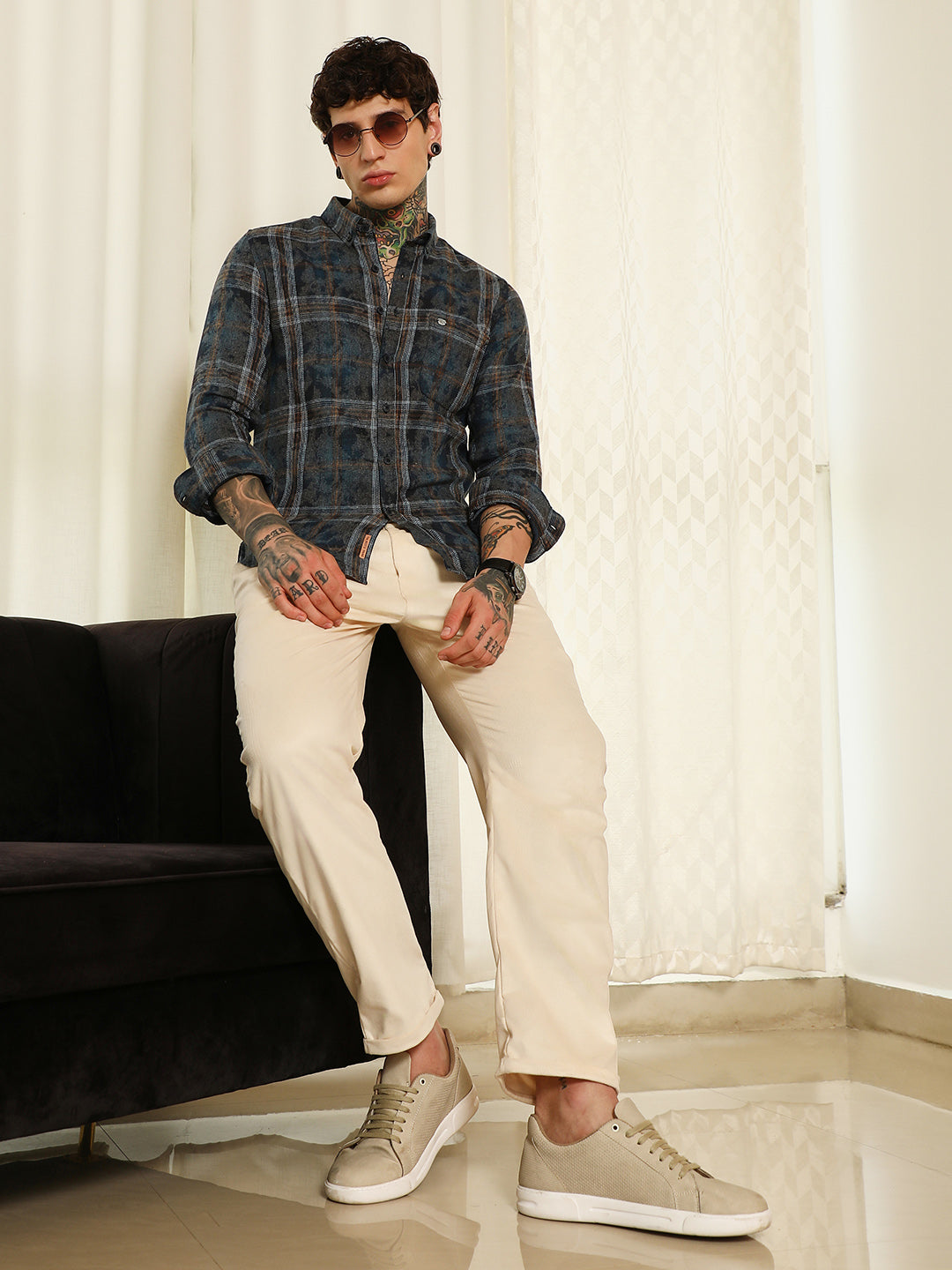 Blue Plaid Cotton Blend Slim Fit Shirt
