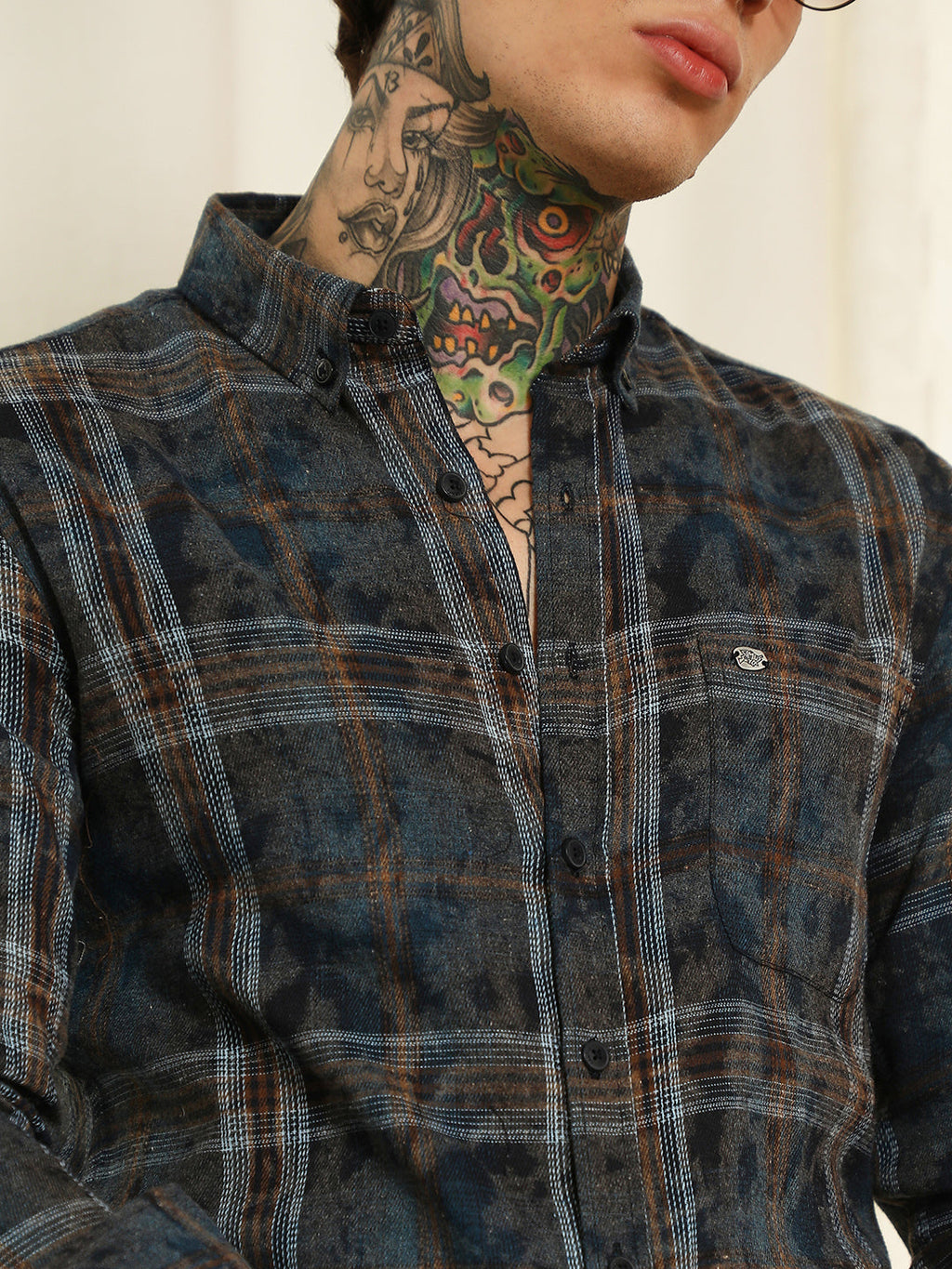Blue Plaid Cotton Blend Slim Fit Shirt