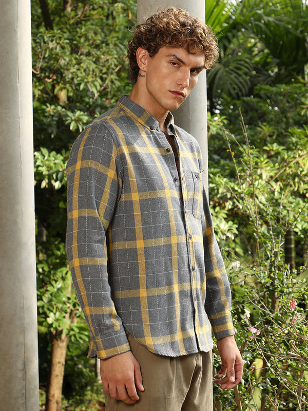 ₹999 | Campus Sutra Men's Moon Grey & Lemon Yellow Bi-Check Regular Shirt