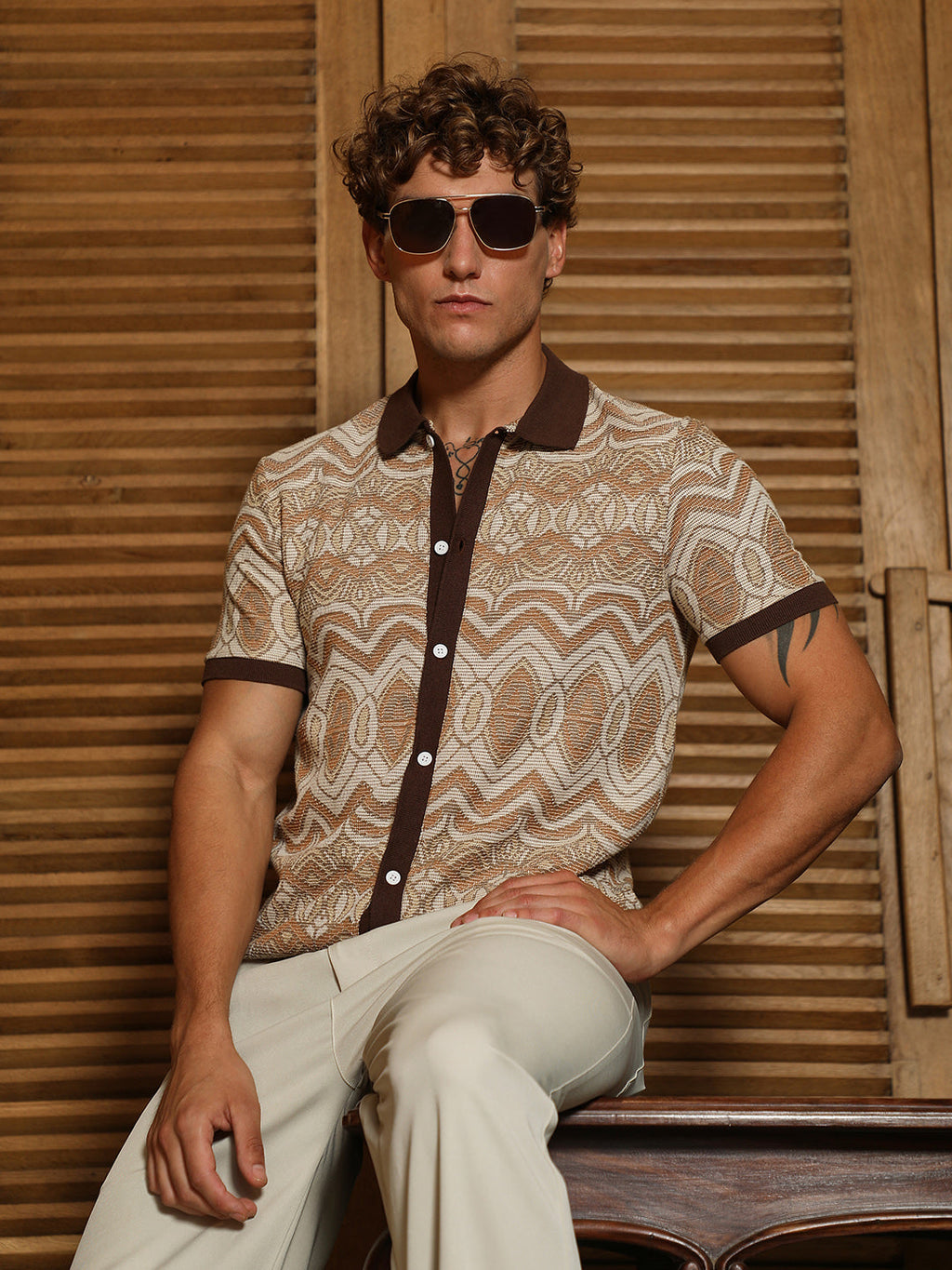 Brown Geometric Pattern Polo Collar Shirt
