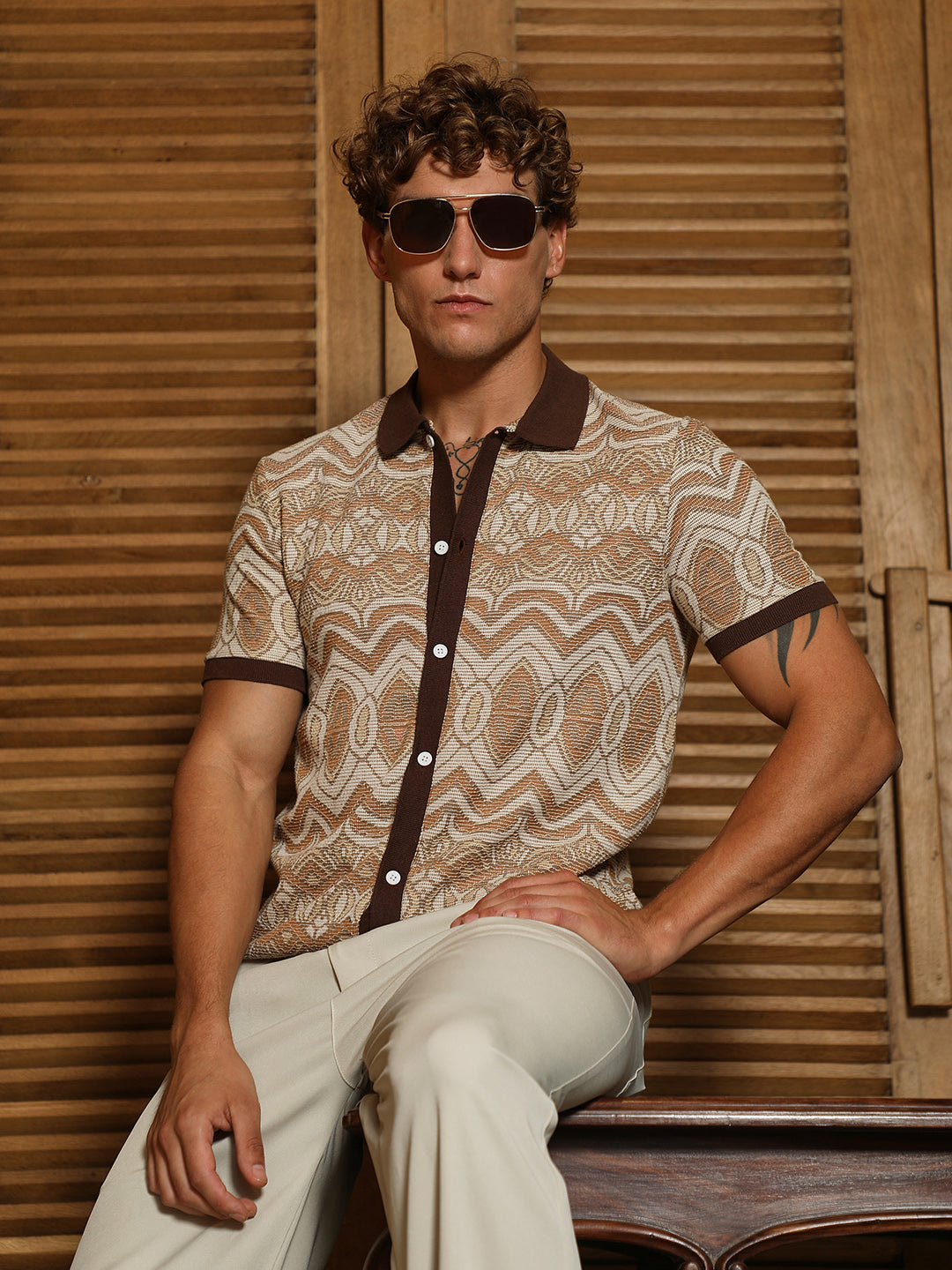 Brown Geometric Pattern Polo Collar Shirt
