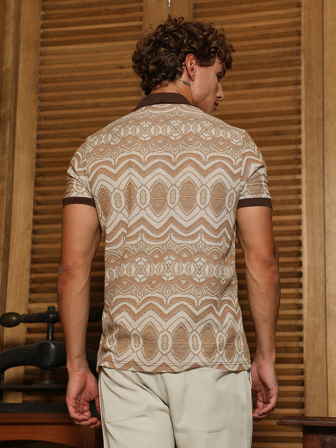 Brown Geometric Pattern Polo Collar Shirt