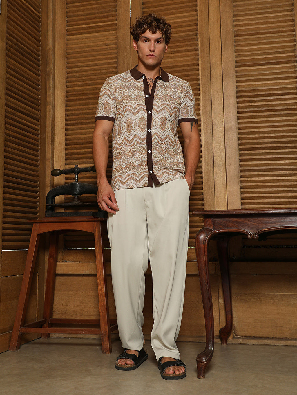 Brown Geometric Pattern Polo Collar Shirt