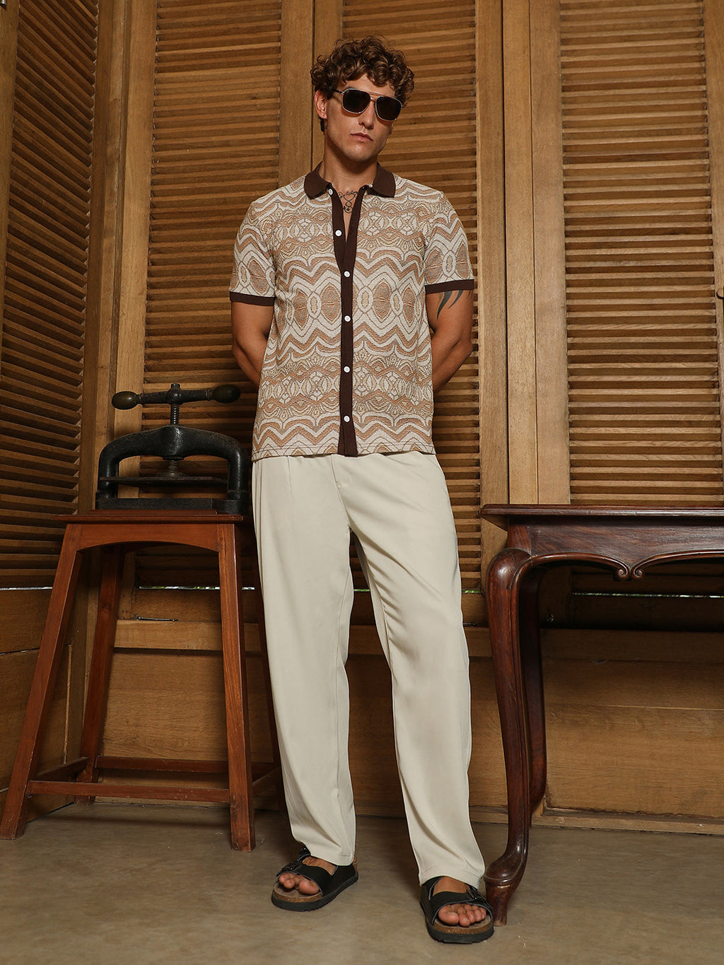 Brown Geometric Pattern Polo Collar Shirt