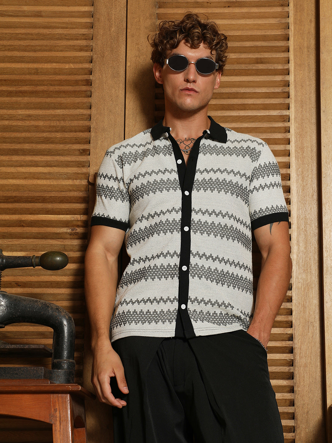 Black And White Geometric Polo Collar Shirt