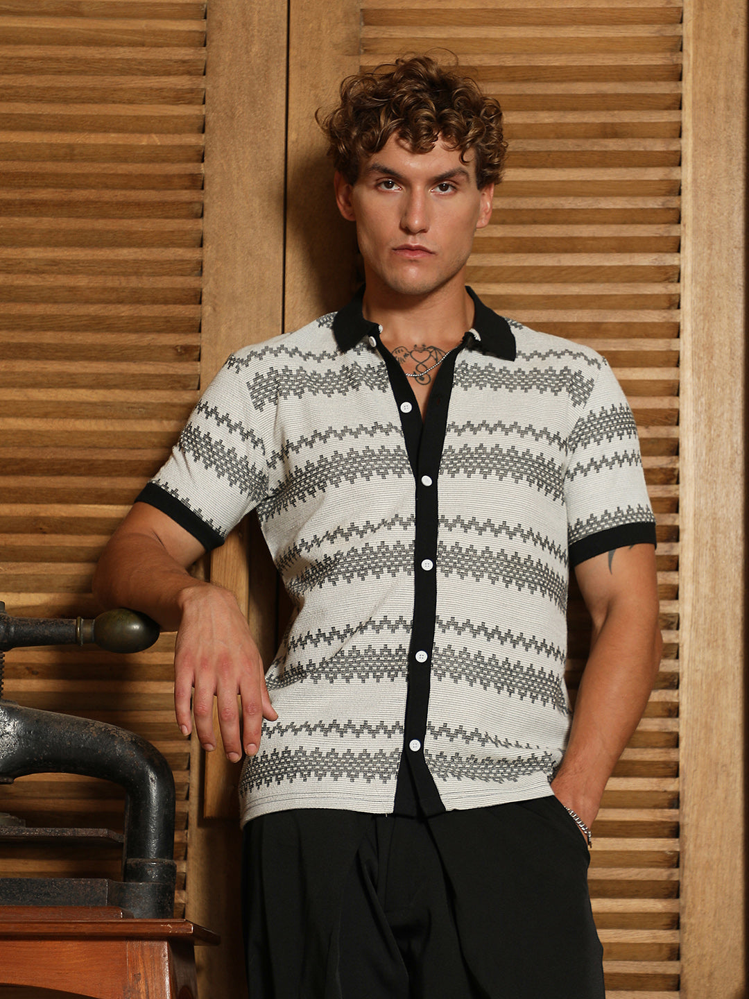 Black And White Geometric Polo Collar Shirt