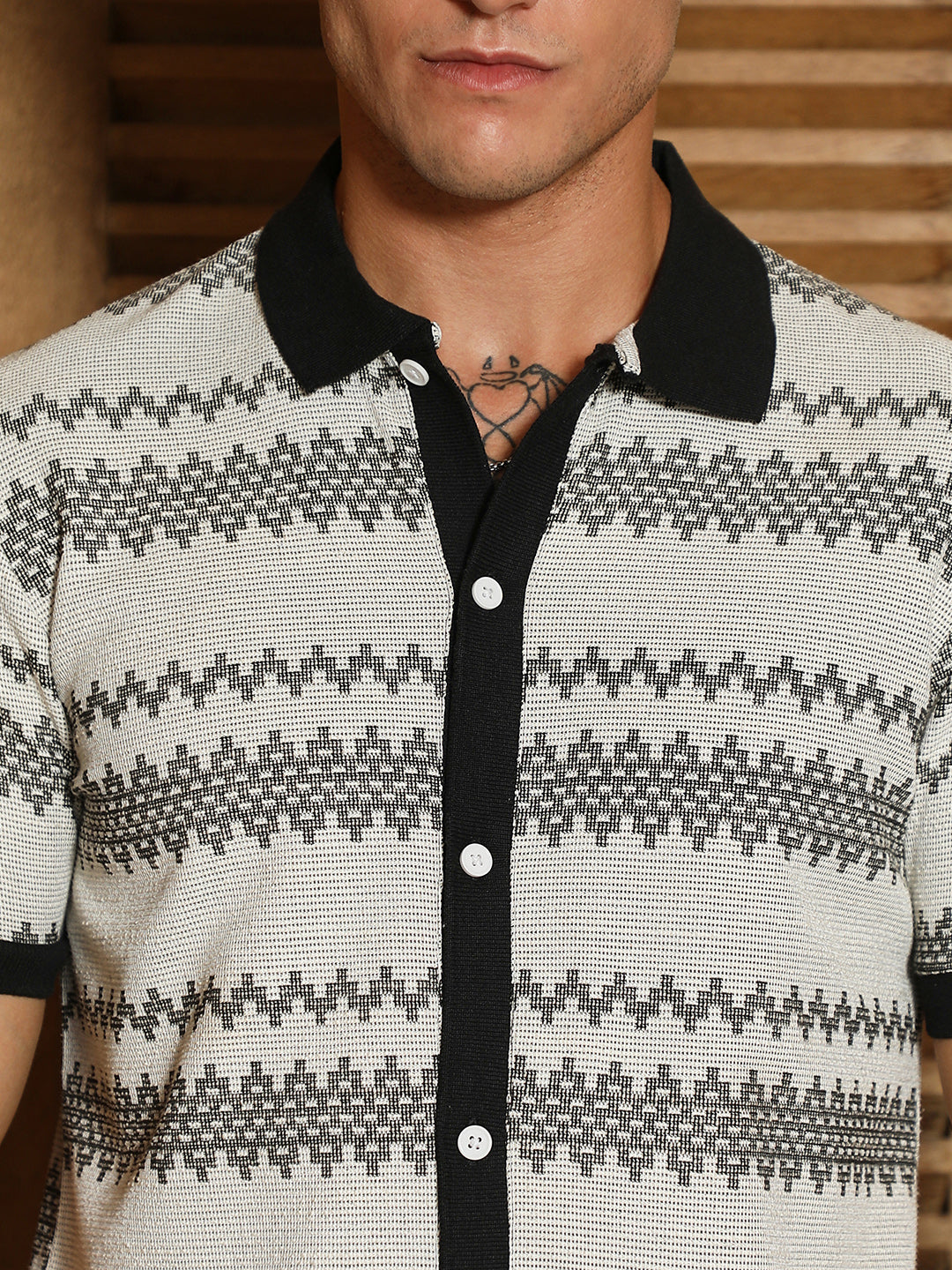 Black And White Geometric Polo Collar Shirt