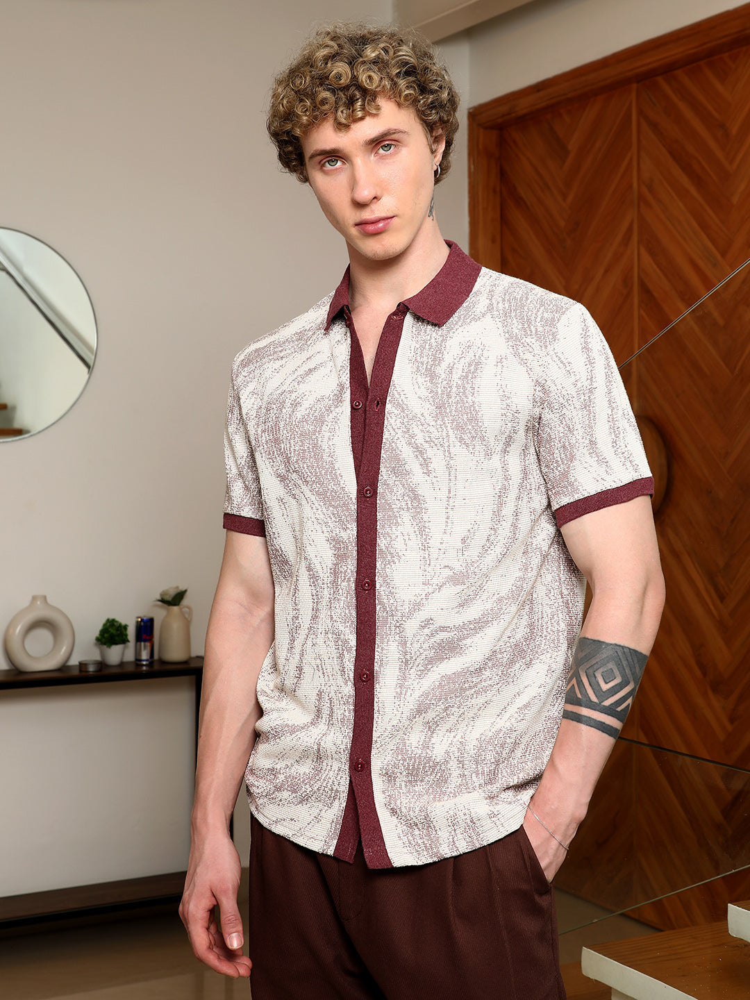 Textured Cotton Blend Shirt With Maroon Accents