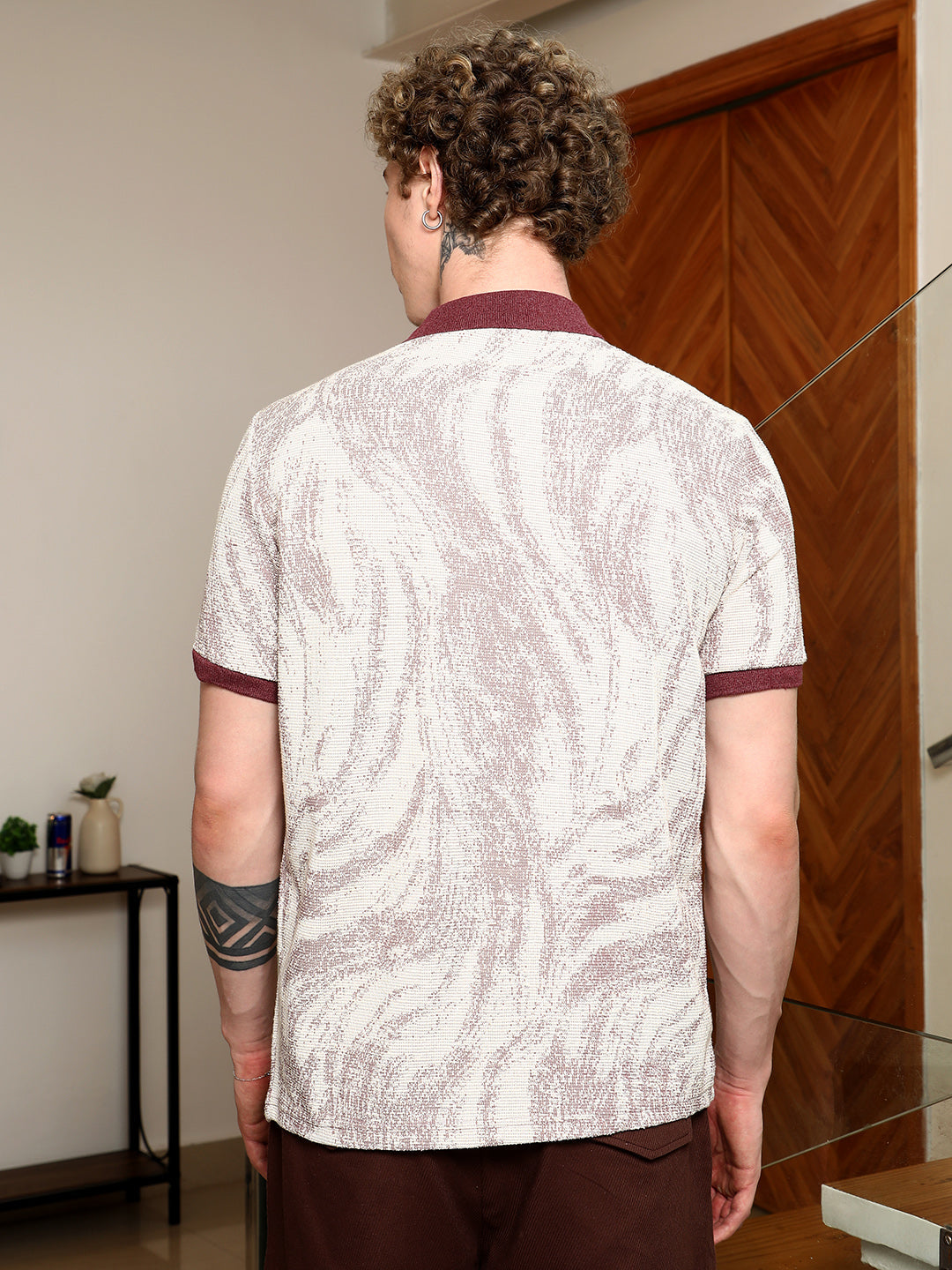 Textured Cotton Blend Shirt With Maroon Accents