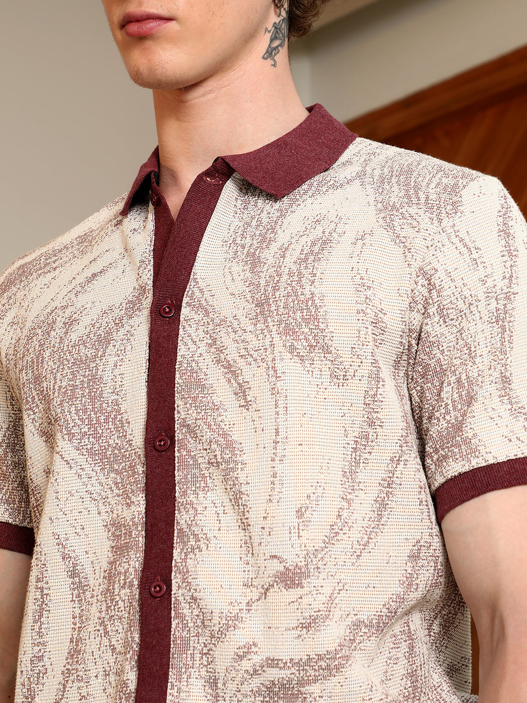 Textured Cotton Blend Shirt With Maroon Accents