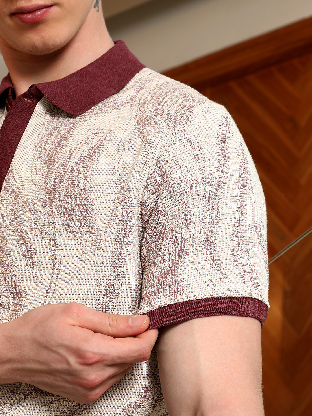 Textured Cotton Blend Shirt With Maroon Accents