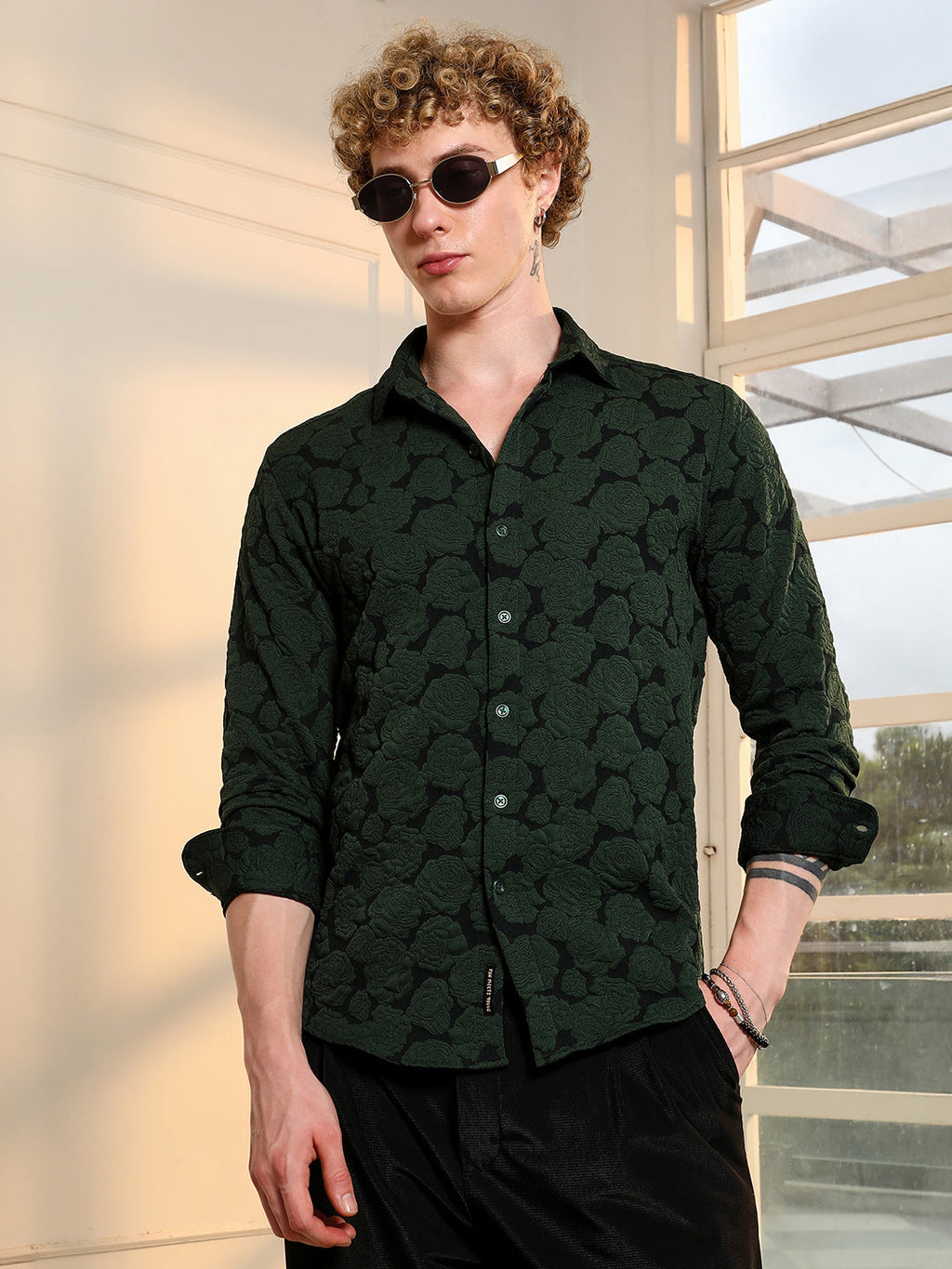 Dark Green Textured Floral Cotton Blend Shirt