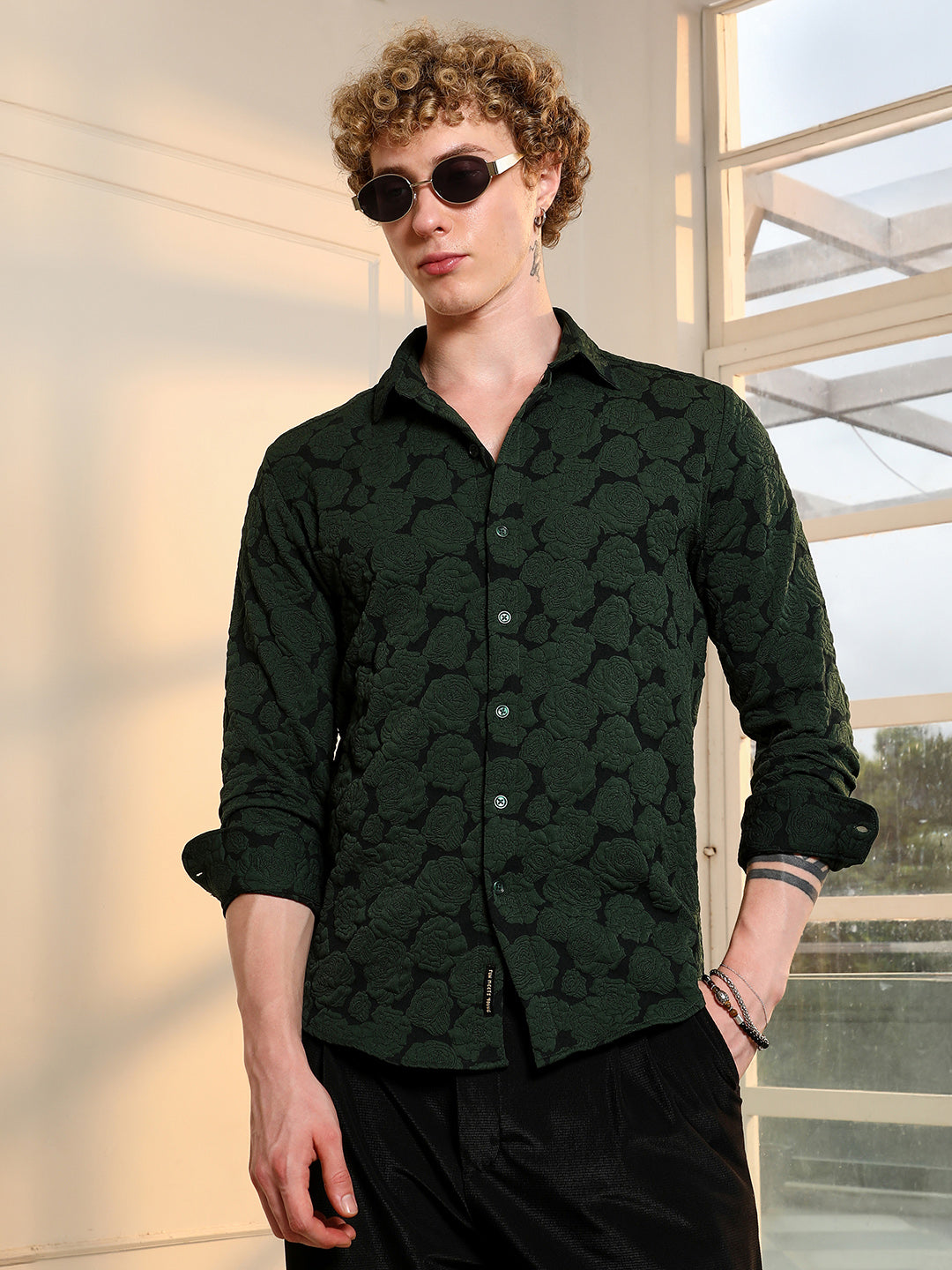 Dark Green Textured Floral Cotton Blend Shirt