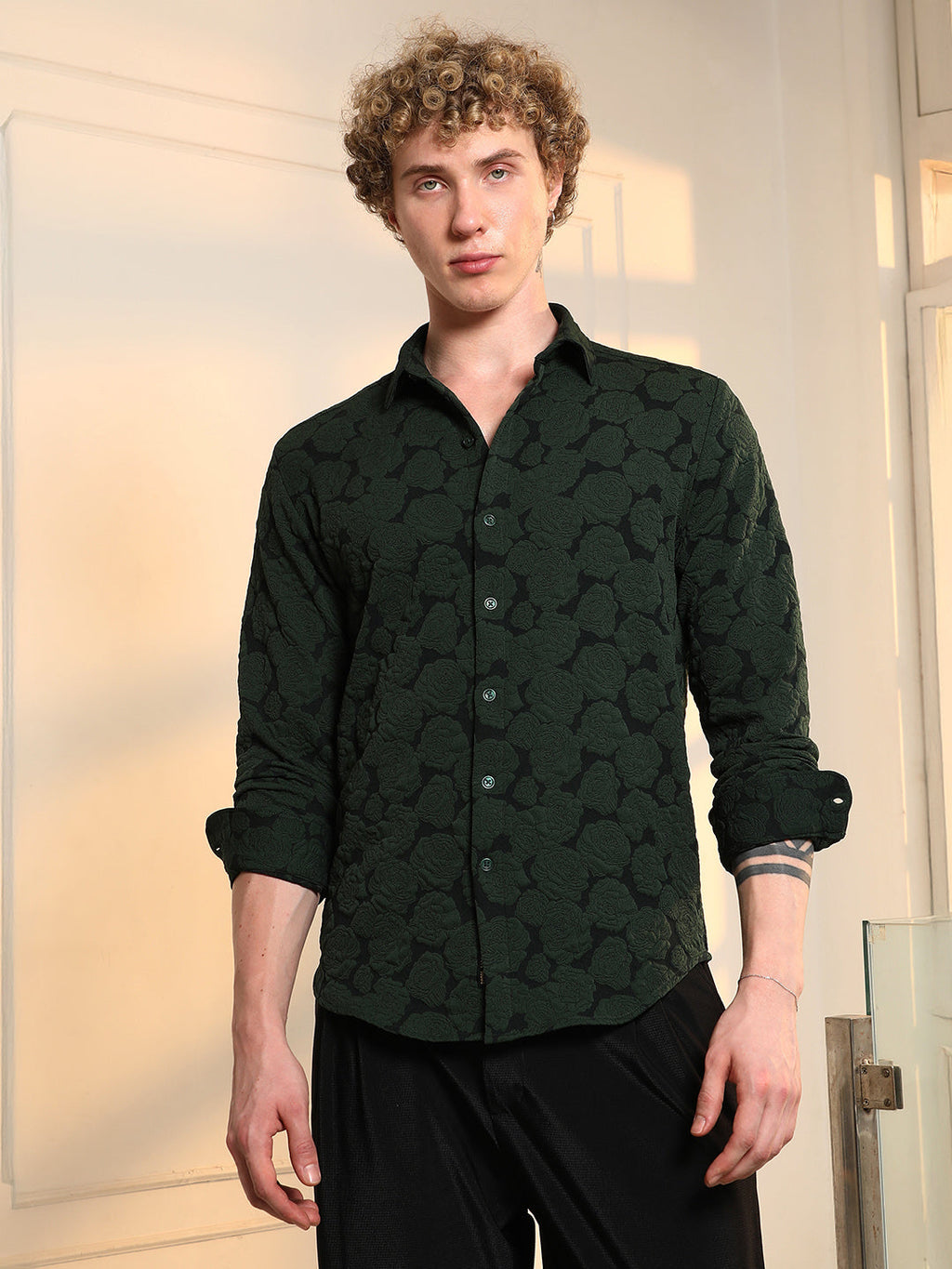 Dark Green Textured Floral Cotton Blend Shirt
