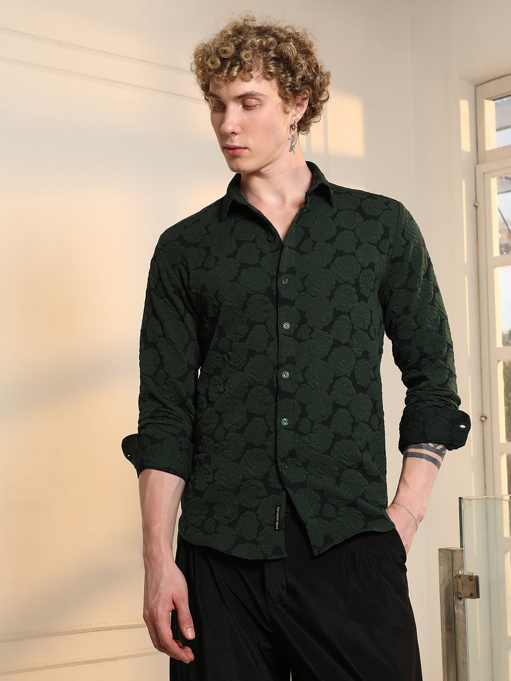 Dark Green Textured Floral Cotton Blend Shirt