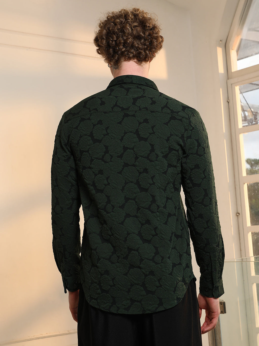Dark Green Textured Floral Cotton Blend Shirt