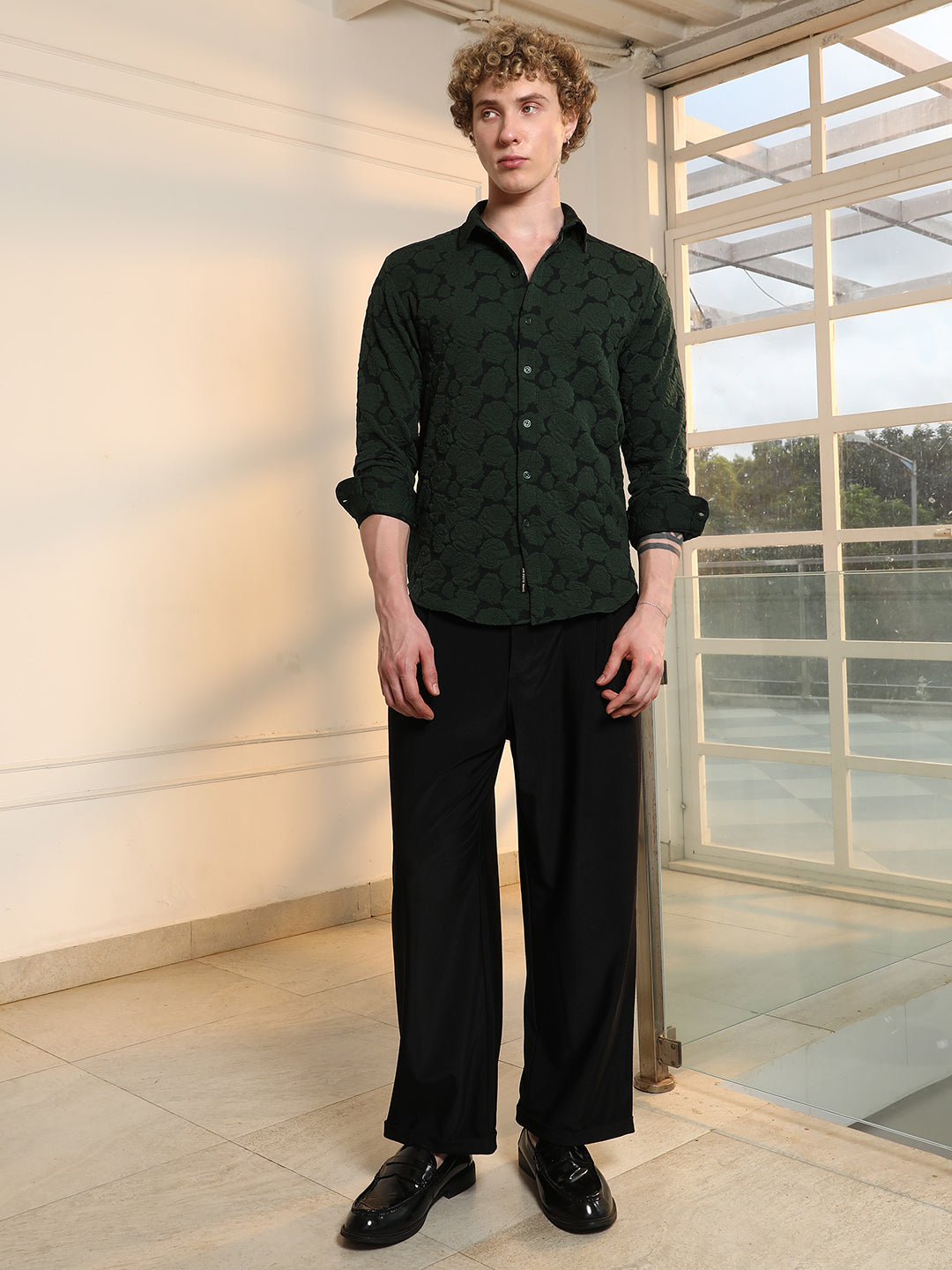 Dark Green Textured Floral Cotton Blend Shirt