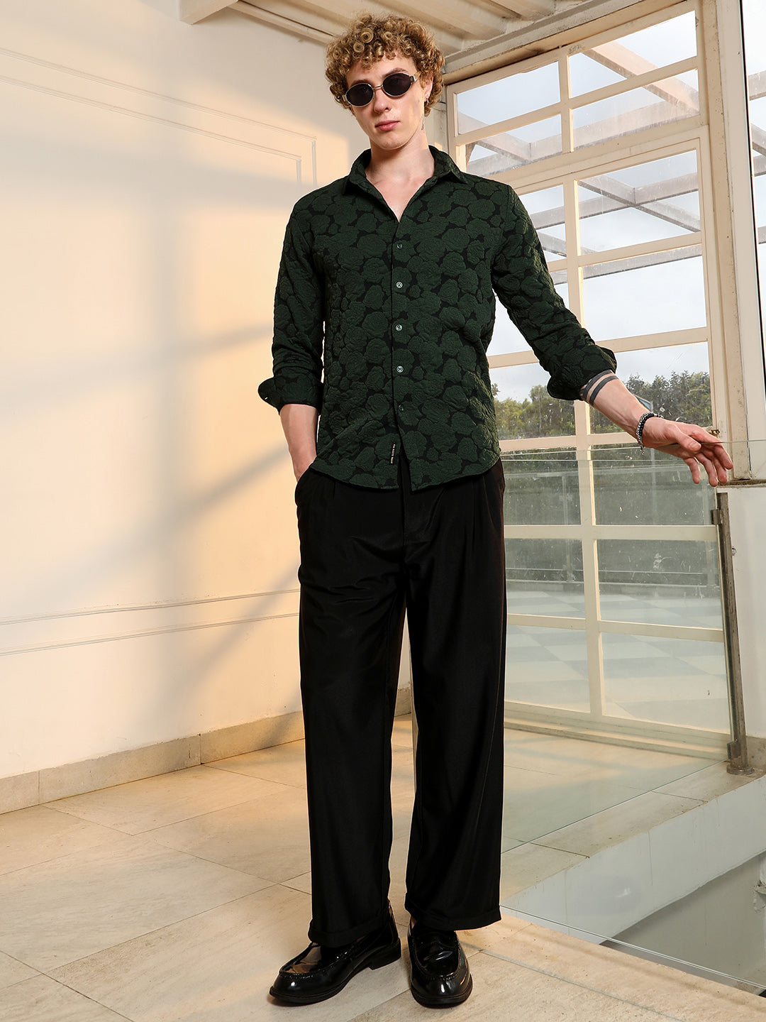 Dark Green Textured Floral Cotton Blend Shirt