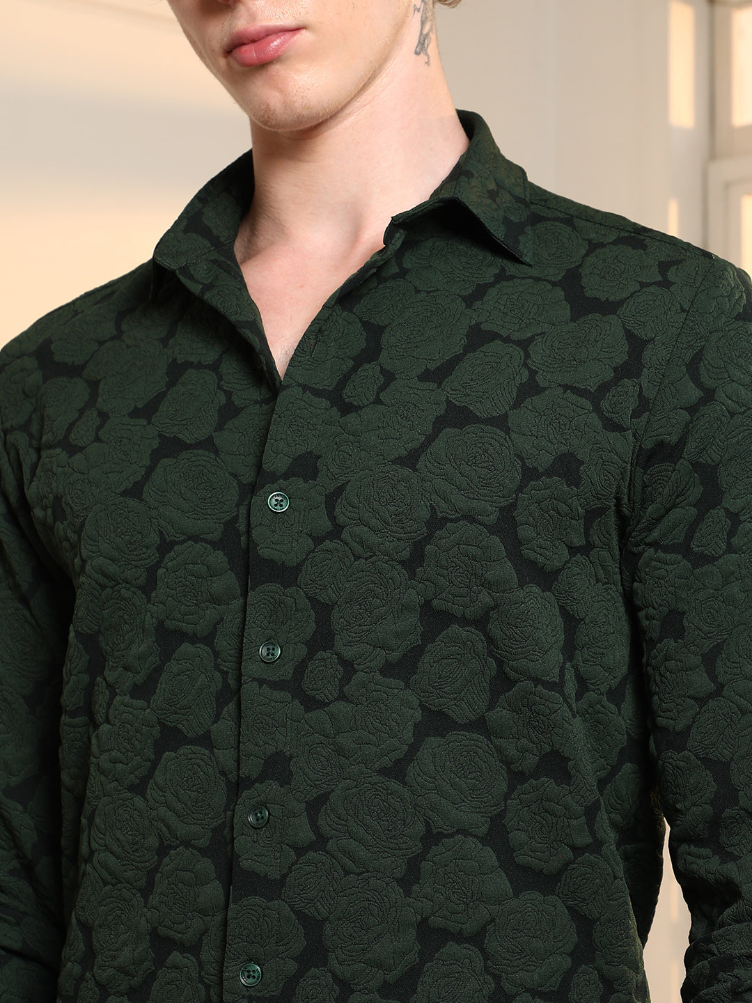 Dark Green Textured Floral Cotton Blend Shirt