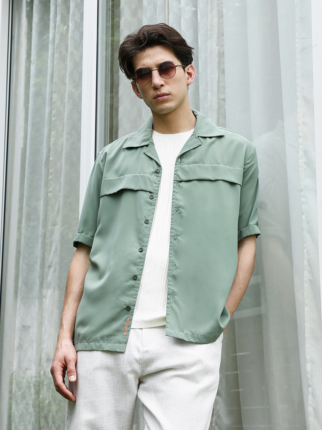 Sage Green Cuban Collar Relaxed Fit Shirt For Men