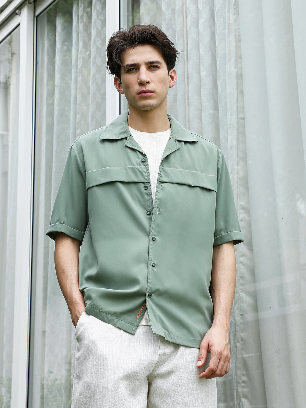 Sage Green Cuban Collar Relaxed Fit Shirt For Men