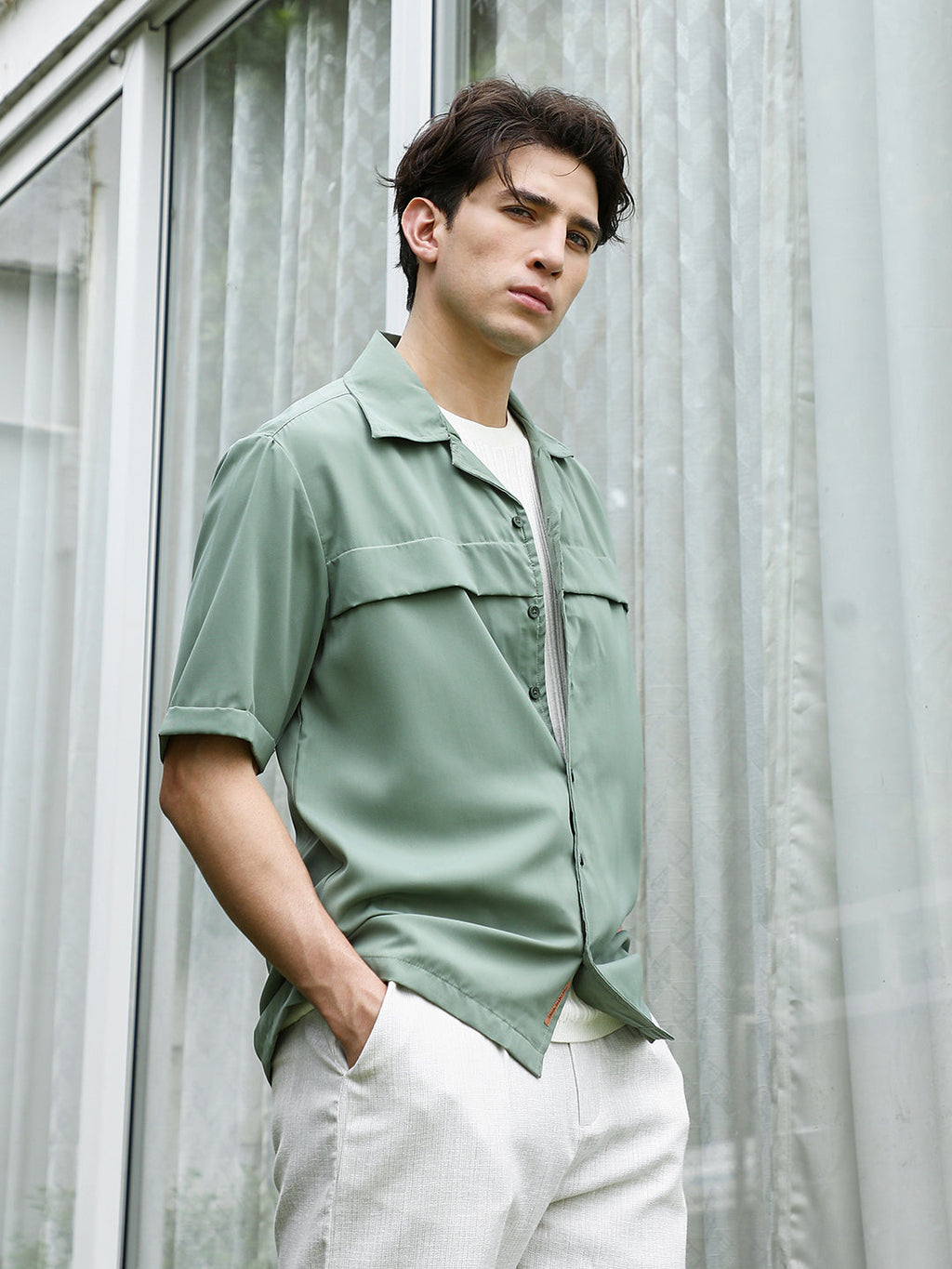 Sage Green Cuban Collar Relaxed Fit Shirt For Men