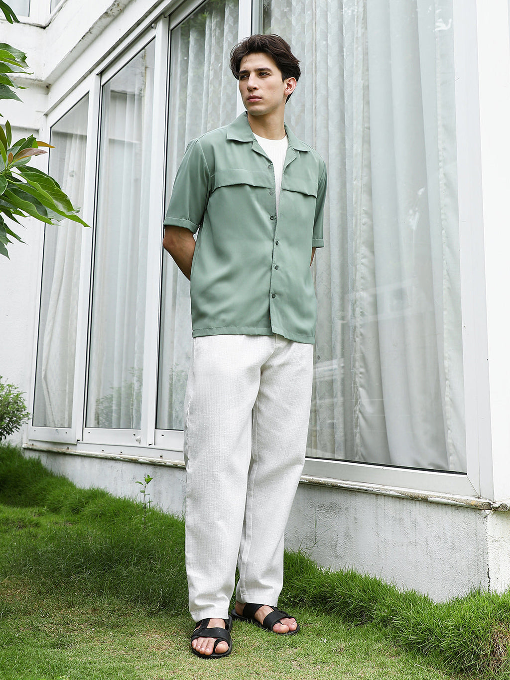 Sage Green Cuban Collar Relaxed Fit Shirt For Men