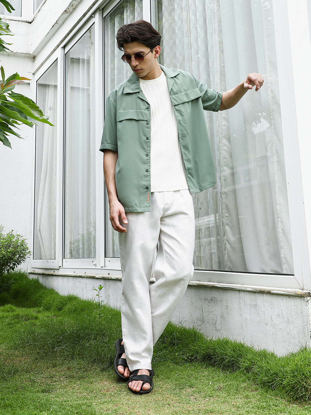 Sage Green Cuban Collar Relaxed Fit Shirt For Men