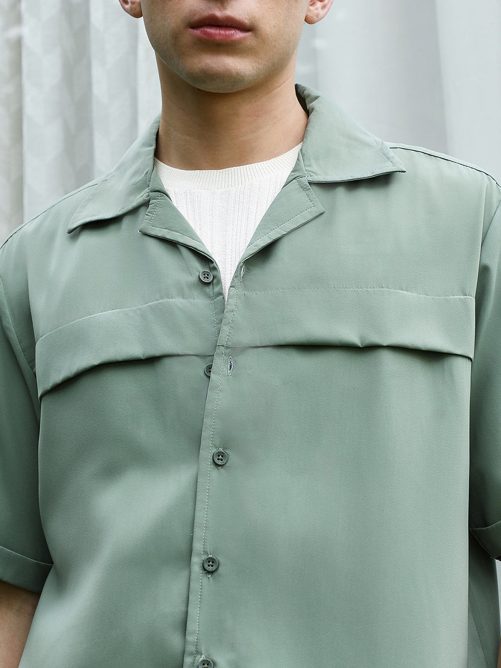 Sage Green Cuban Collar Relaxed Fit Shirt For Men