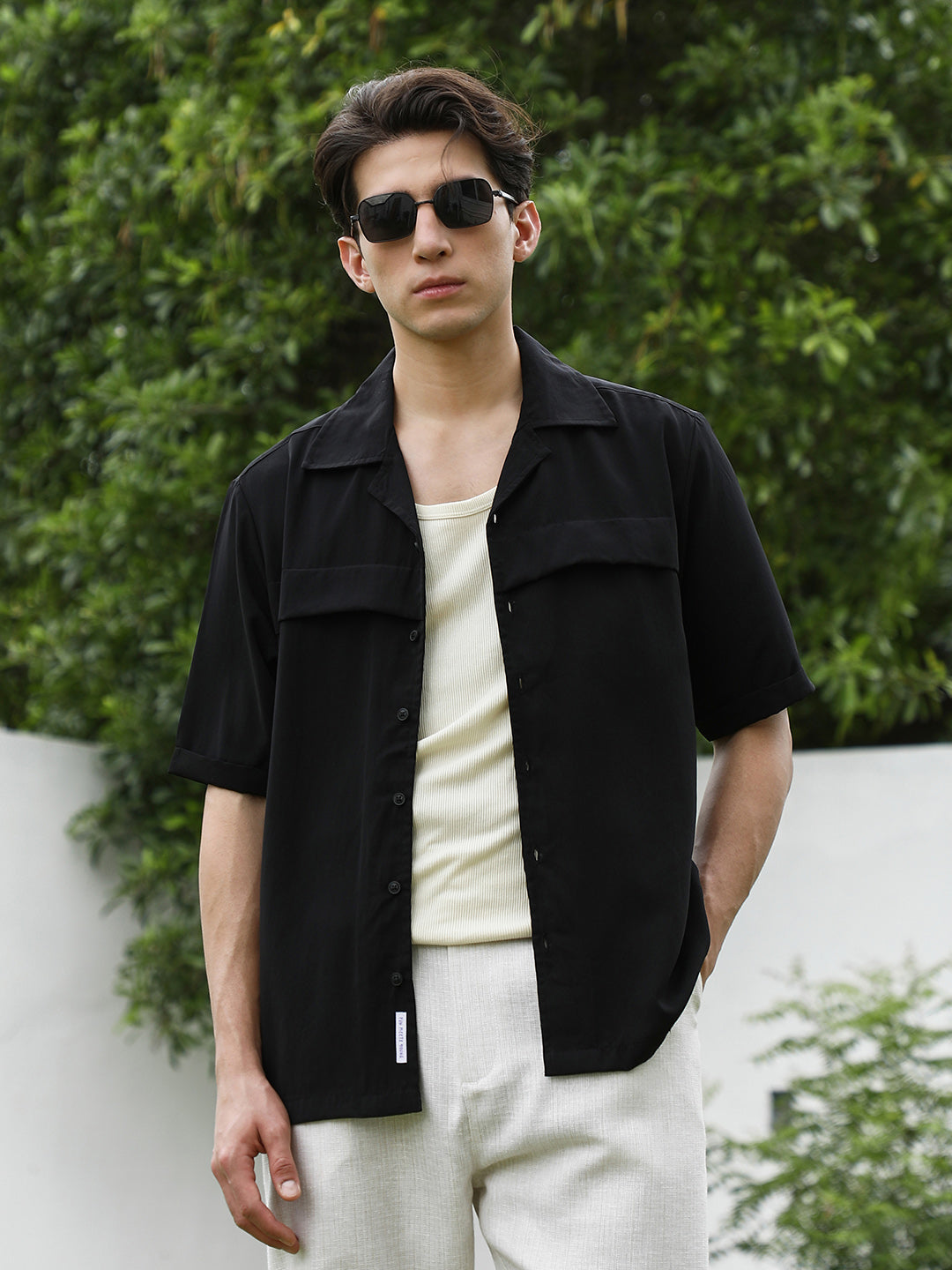 999 | Men's Black Cuban Collar Short Sleeve Shirt - Campussutra