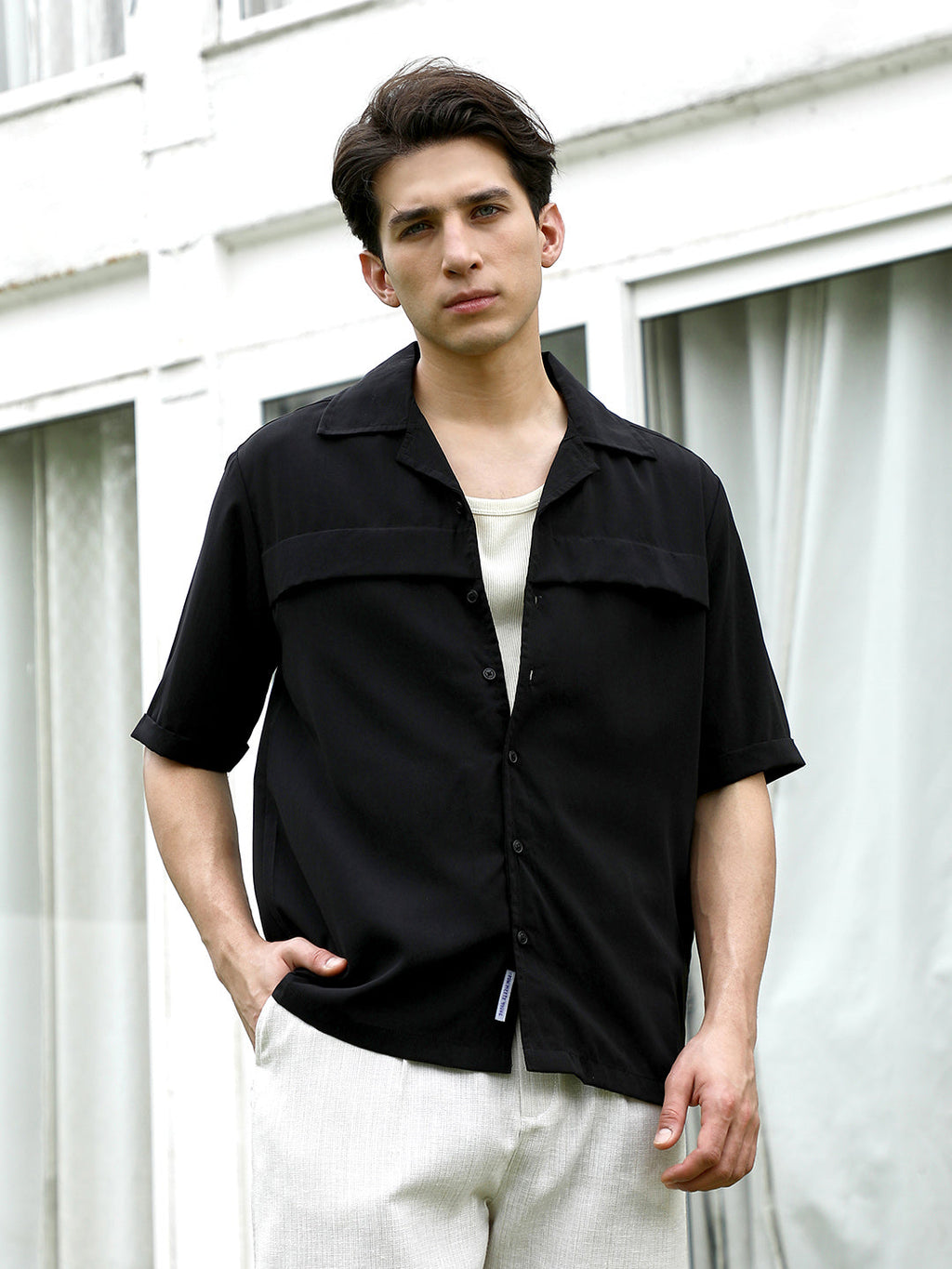 Black Cuban Collar Short Sleeve Shirt